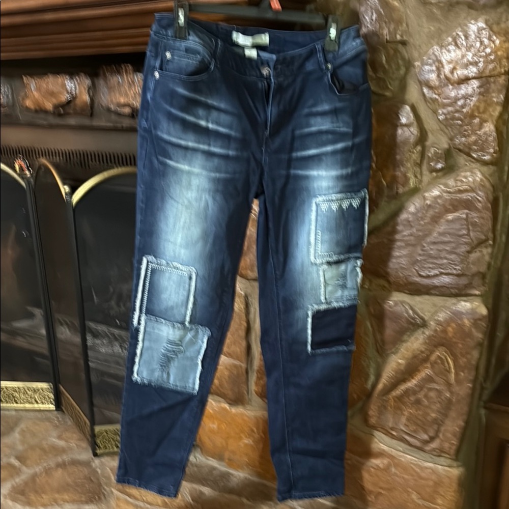 Blue Straight Leg Patchwork Jeans